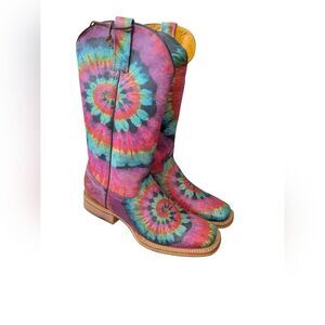 NWT Tin Haul Tie-dye Low Heel Cowboy Groovy Boots in Gals Size 10 New In Box